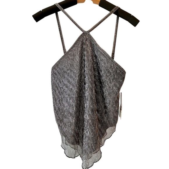 NWT Silky Silver Shimmer Glam Festival Rave Flowy Criss Cross Tank XXS - Picture 2 of 4